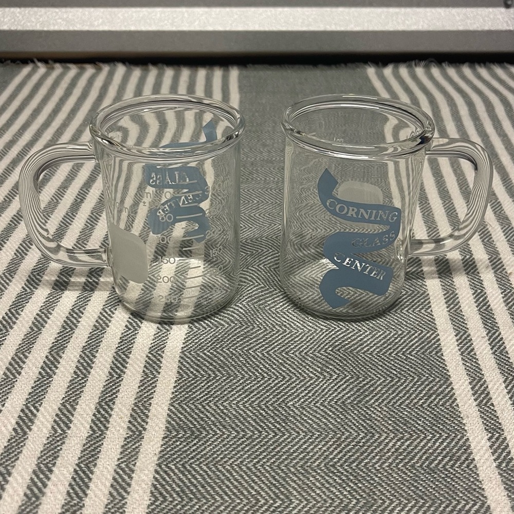 Vintage Pyrex Corningware Clear‎ Glass Beaker Mug with Blue Logo - Set of Two
